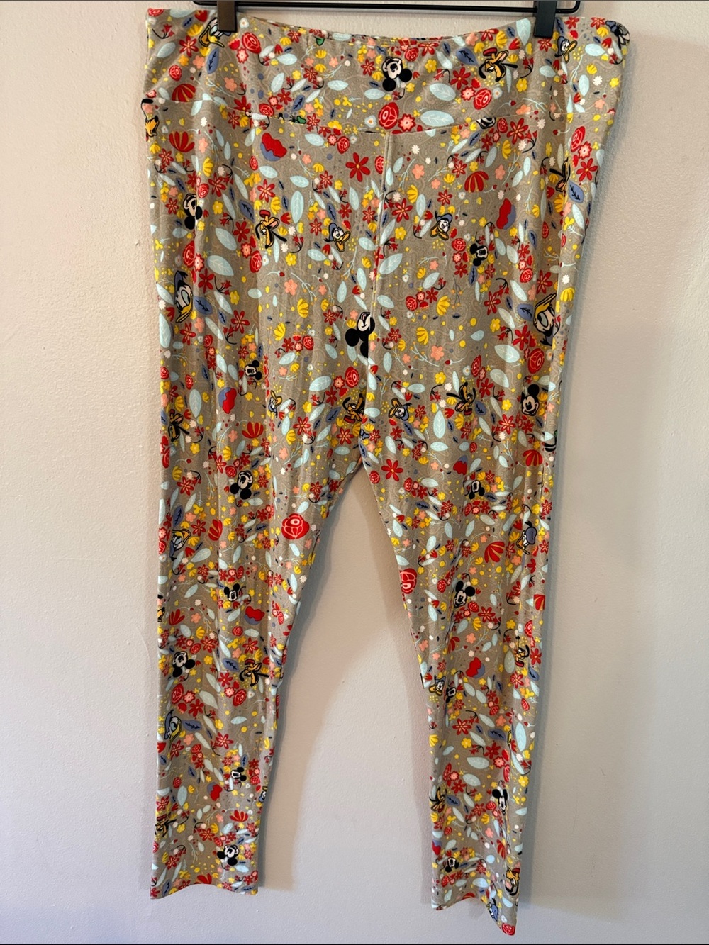 LuLaRoe Disney Mickey Mouse Floral Print Leggings - Gray with Red, Yellow, Blue